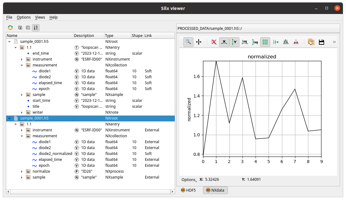 A screen capture of Silx view showing the HDF5 file where workflow results are saved and comparing it to the raw data HDF5 file